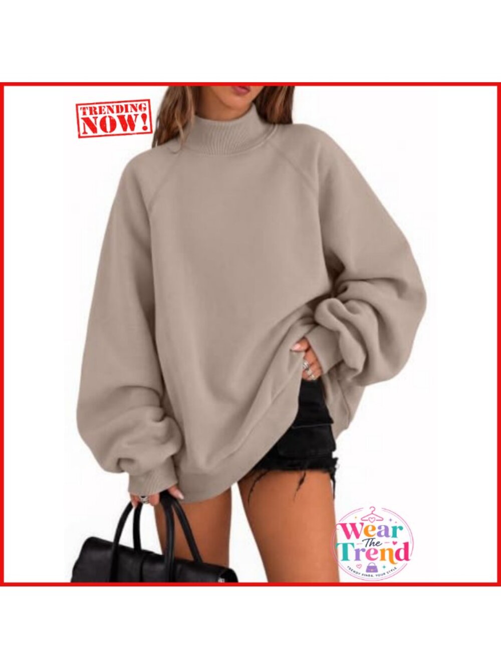 Mock Neck Oversized Sweatshirt Raglan Sleeve Pockets Pullover